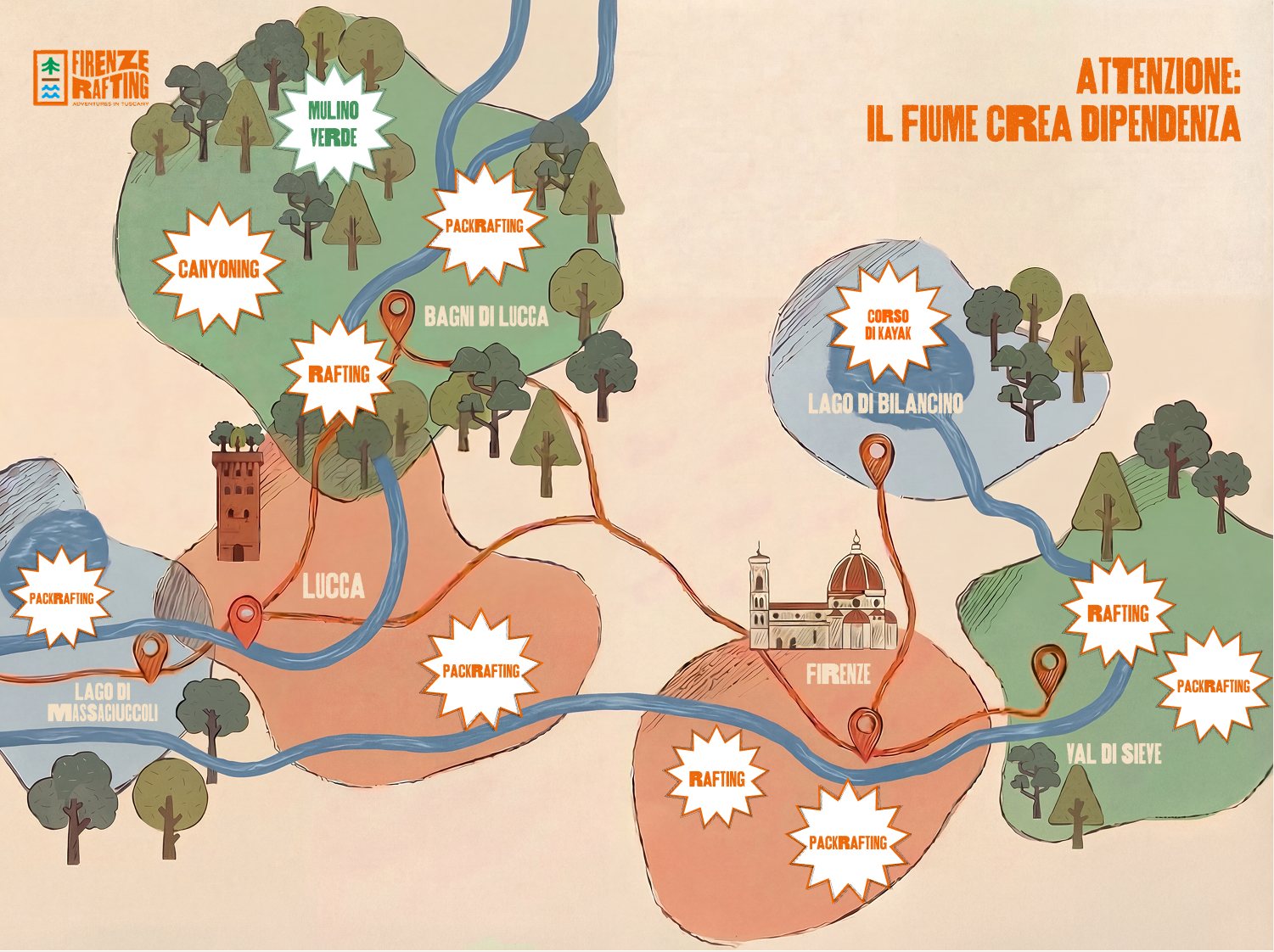 Mappa illustrata delle attivit&agrave; di Firenze Rafting in Toscana